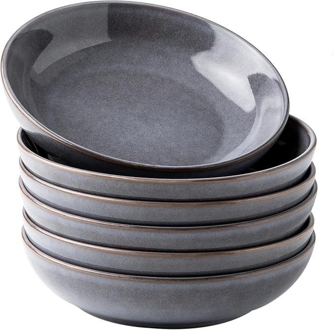 AmorArc 8.5'' Large Pasta Bowls, 36oz Stoneware Pasta Serving Bowls Set of 6 for Kitchen, Wide Bowls for Pasta,Salad,Fruit,Oatmeal, Microwave Safe, Reactive Glaze-Gray