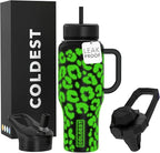 Coldest Tumbler with Handle and Straw, 100% Leak Proof Insulated Tumbler with Lid and Straw (3 Lids), Stainless Steel Tumblers for Women & Men, Cup Holder Friendly, 36 oz (Glowie Leopard)
