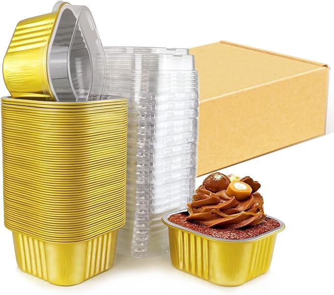14 oz Mini Cake Pans with Lids, Square Muffin Pans, Multi-purpose Aluminum Baking Cups, Premium Dessert Cups, Creme Brulee Ramekins Oven Safe, 60 Pack