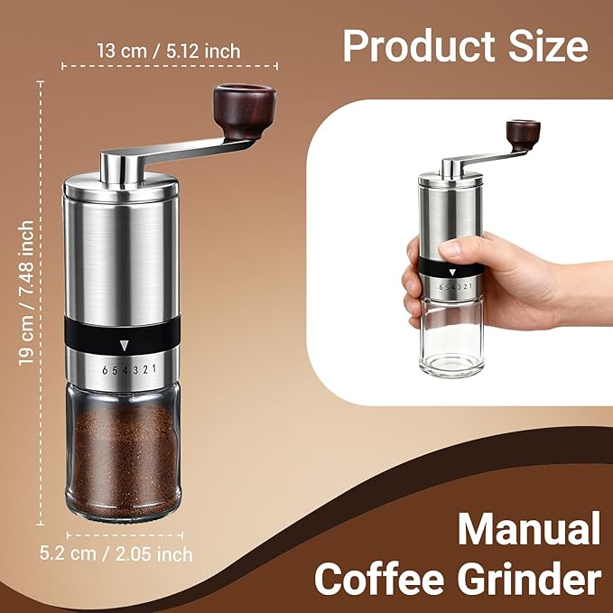 Ceramic Burr Manual Coffee Grinder with 6 Adjustable Coarseness Settings for Espresso Beans French Press Pour Over Drip Stainless Steel Hand Crank Coffee Mill for Home Use or Travel Camping
