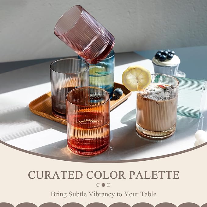 Physkoa Ribbed Drinking Glasses Set of 6 – 13 oz Vintage-Inspired Colorful Glassware – Heavyweight, Durable, Perfect for Water, Cocktails, Coffee, and Everyday Use