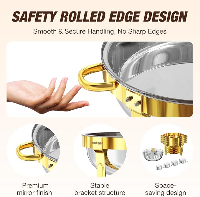 Gold Chafing Dishes for Buffet with Glass Lid (5QT, 4 Pack), Round Stainless Steel Chafers and Buffet Warmers Sets with Lid Holder, Rolled Edge Design, for Catering Events, Parties, Weddings