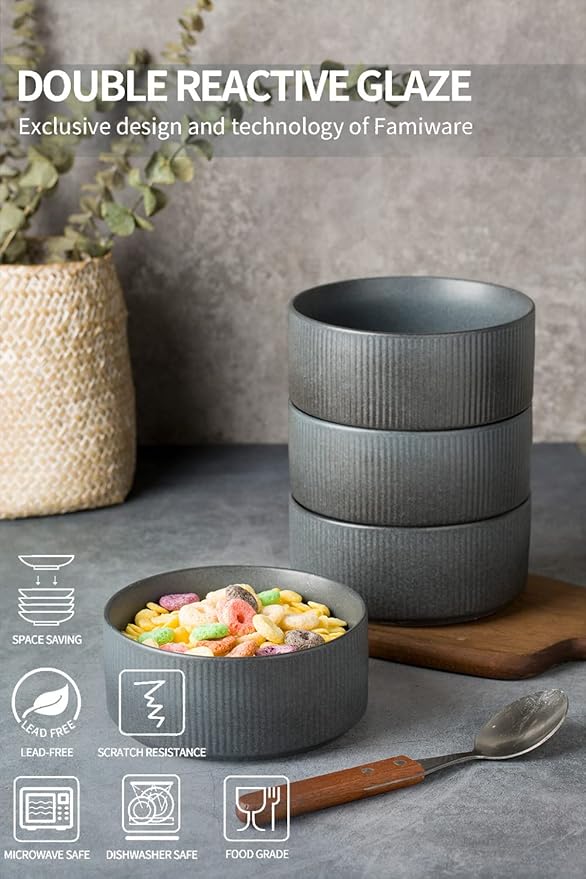 famiware Star Cereal Bowl Set, Soup Bowls Set of 6, Double Reactive Glaze, Stackable, 23 oz Deep Bowls Suitable for Popcorn, Oatmeal, Dessert - Dishwasher and Microwave Safe, Matte Dark Charcoal