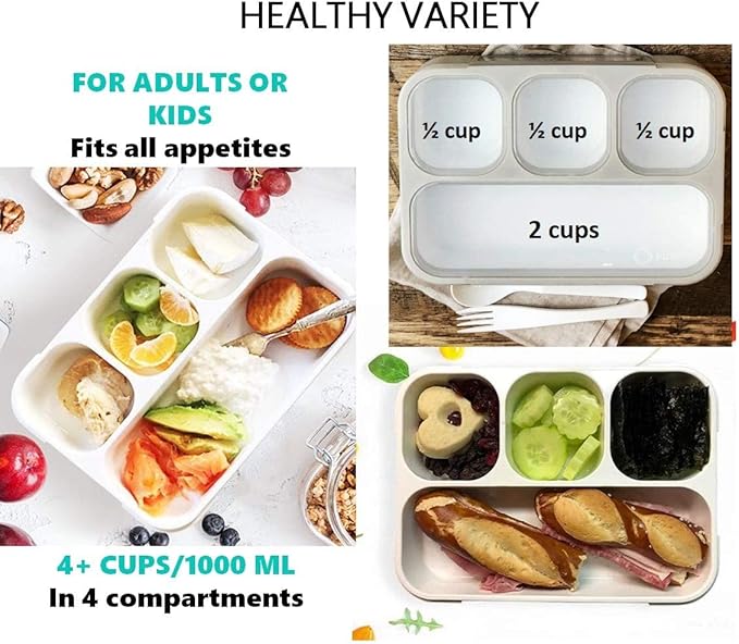 Bento-Box with Lunch Bag and Ice Pack Set. Containers for Kids Adults Boys Girls Snacks and Lunches. 4 Compartments, Divided Portion Container Boxes with Insulated Bags for School, Grey