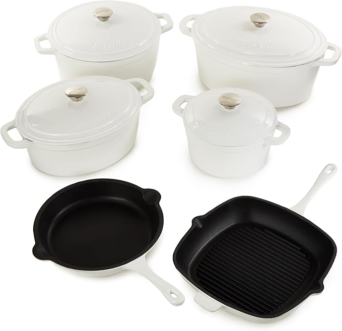 BergHOFF 10Pc Neo Enameled Cast Iron Cookware Set, Matching Lid, Oven Safe Up To 400°F, White