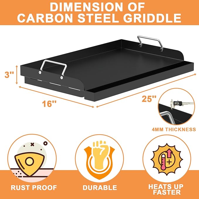 Universal Flat Top Griddle, Large Griddle Insert for Gas/Stove/Electric/Charcoal Grills, 25" x 16" Flat Skillet for Weber Nexgrill Camp Chef Charbroil Skillet Pan for Outdoor Grill, Carbon Steel, 1PC