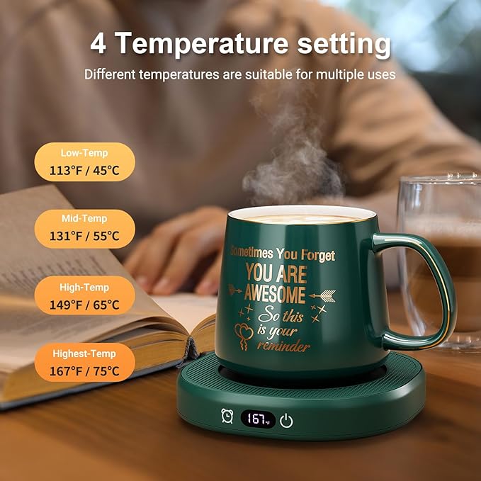 Coffee Mug Warmer & You are Awesome Mug Set, Electric Cup Warmer with Auto Shut Off, 4 Temperature Setting Smart Beverage Warmer, 8-Hours Auto Shut Off