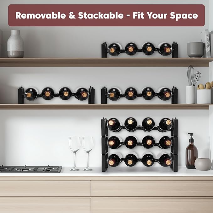 Stackable Wine Rack Countertop, Sturdy Bottle Holder Freestanding for Cabinet, 3 Tier Small Tabletop Wine Holder Stand, Wire Bottle Rack Metal Storage Organizers
