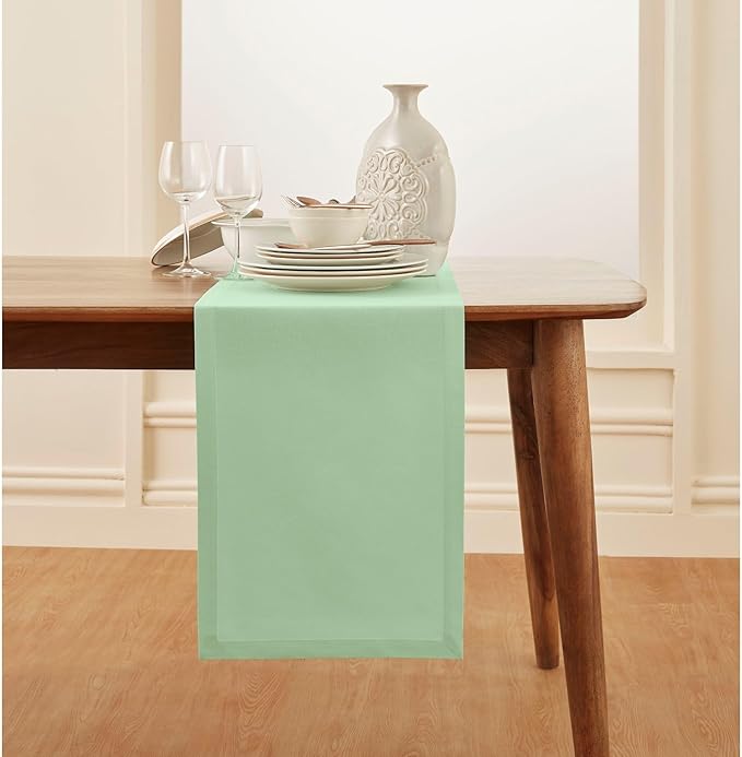 Solino Home Cotton Linen Table Runner 90 Inches Long - Dru Aqua Dining Table Runner 14 x 90 Inch for Summer - Handcrafted and Machine Washable