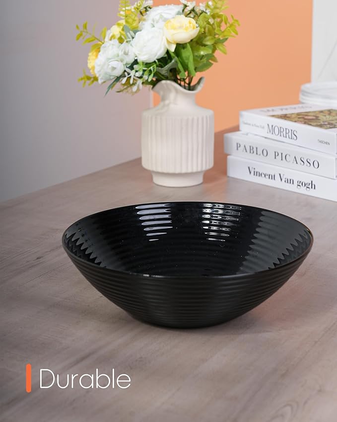 54 OZ Salad Bowl Set of 2, Opal Glass 9.5 inch Serving Dishes for Salad, Fruit, Kitchen Microwave & Dishwasher Safe, Black