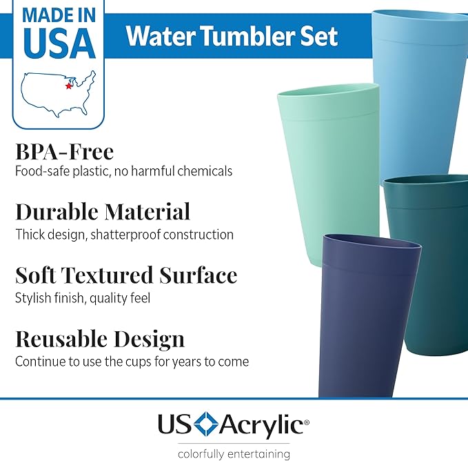 US Acrylic Newport 20 ounce Unbreakable Plastic Stackable Water Tumblers in 4 Coastal Colors | Set of 12 Drinking Cups | Reusable, BPA-free, Made in the USA, Top-rack Dishwasher and Microwave Safe