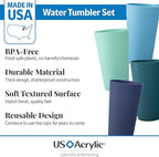 US Acrylic Newport 20 ounce Unbreakable Plastic Stackable Water Tumblers in 4 Coastal Colors | Set of 12 Drinking Cups | Reusable, BPA-free, Made in the USA, Top-rack Dishwasher and Microwave Safe