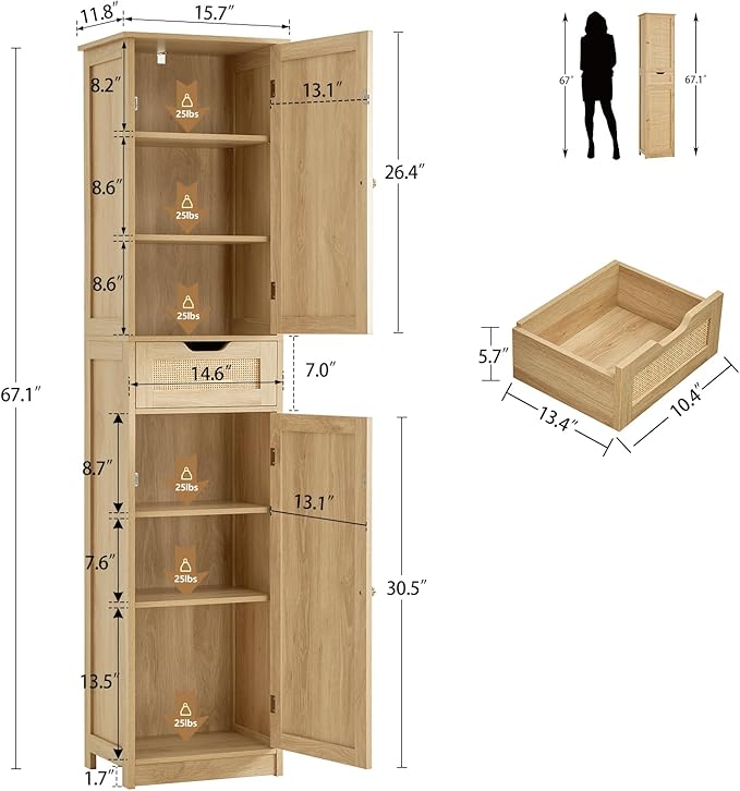 Iwell Tall Narrow Storage Cabinet with Doors, Rattan Cabinet with Adjustable Shelves, Freestanding Linen Storage for Living Room, Entryway, Kitchen, Bathroom, Natural
