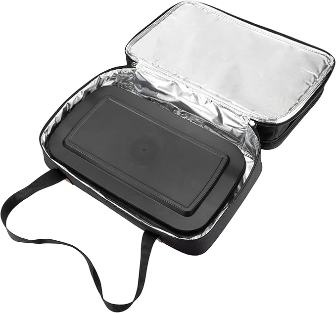 Stack Store Plus More Insulated Expandable Casserole Carrier and Lasagna Holder for Picnic Potluck Beach Day Trip Camping Hiking - Hot and Cold Thermal Bag – Baking Dish with Lid Included - Black