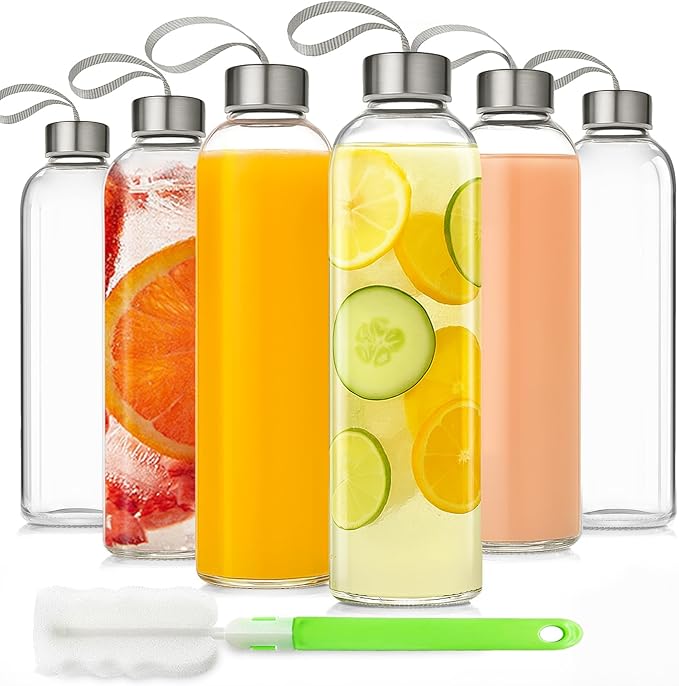 18oz Glass Juice Bottles with Lids Carry Strap, Reusable Glass Water Bottle BPA Free Leakproof Wide Mouth Smoothie Tea Coffee Cold Brew Storage Refrigerator Safe, 6 Pack
