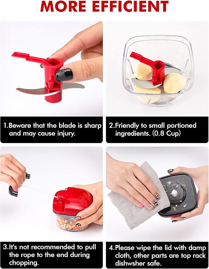 Geedel Mini Food Chopper Vegetable Cutter, Pull Chopper with String Onion Cutter, Vegetable Cutter for Veggies, Fruits, Salad, Onion, Ginger, Nuts, Herbs, etc, 0.8 Cup(200ml), Red