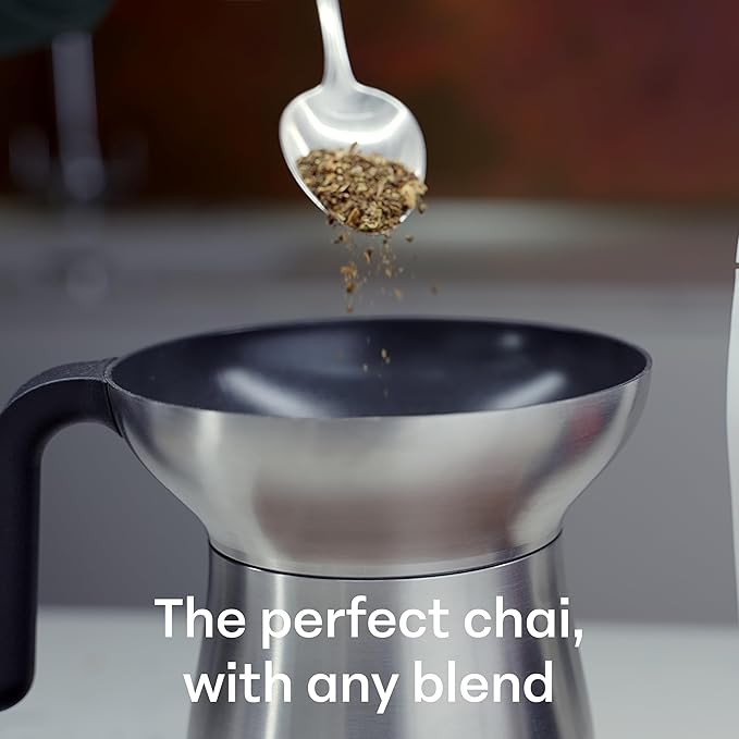 Loka Chai Maker for Authentic Masala Chai & Chai Latte | Easy Clean Stainless Steel Stovetop Tea Maker with Innovative Chai Fountain | Non-Stick Ceramic, 20oz (3 Cups) - (Silicone Strainer)