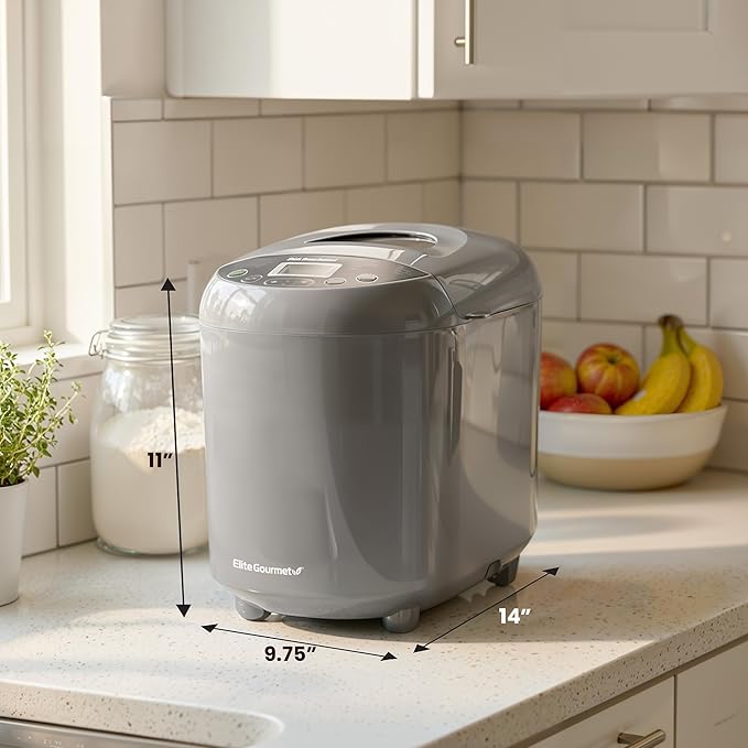 Elite Gourmet EBM8103CG Programmable Bread Maker CERALAST™ Ceramic Bread Pan & Kneading Blade 19 Menu Functions Gluten-Free, White, Wheat, Rye, French & more, 2lbs, Grey