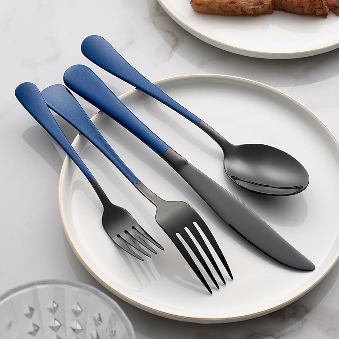 20-Piece Black Silverware Set 18/0 Stainless Steel Flatware Sapphire Blue Handle Cutlery Set Service for 4 Dinner Knives Forks Spoons Set Mirror Finish Dishwasher Safe