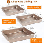 Deep Baking Pans Set, 3-Pieces Rectangle Cake Pan, Nonstick Roasting Pans Set for Thanksgiving Christmas, 9/11/13 Inch, Toaster Oven Tray Bakeware Set, Lasagna Pan Deep Size, Heavy Duty, Gold