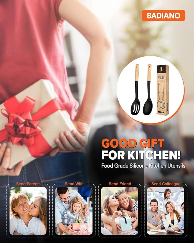 Silicone Cooking Spoons, Great for Scooping Sides and Serving Hearty Stews, BPA-Free Matte Silicone, Wooden Handle Serving Spoon for Nonstick Cooking Surfaces (Black)