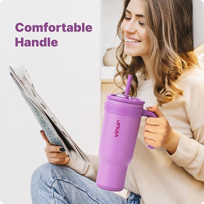 VINUR Insulated Tumbler with Handle-30 oz Stainless Steel Coffee Travel Mug with Leak Proof Straw Lid| Water Cup for Travel|Cup Holder Friendly|Gifts for Women, Lilac Purple