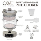 COOK WITH COLOR 3L Glass Low Carb Rice Cooker - Makes 6 Cups Cooked Low Sugar Rice with Auto Lift Filter Basket, Hotpot & Steamer for Rice, Grains and Oats, Digital Panel with Keep Warm, Sand