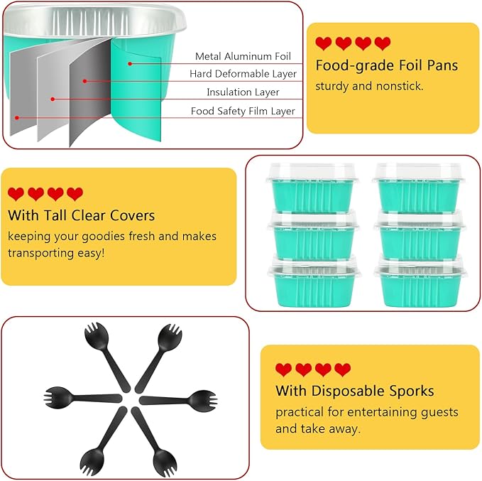 LNYZQUS 120pack/10oz Foil Mini Cake Tins with Lids 4”X4” Small Cake Baking Pans Cupcake Containers,Disposable Ramekins Mini Aluminum Brownie Pan Large Muffin Cups Holders-Cyan Blue