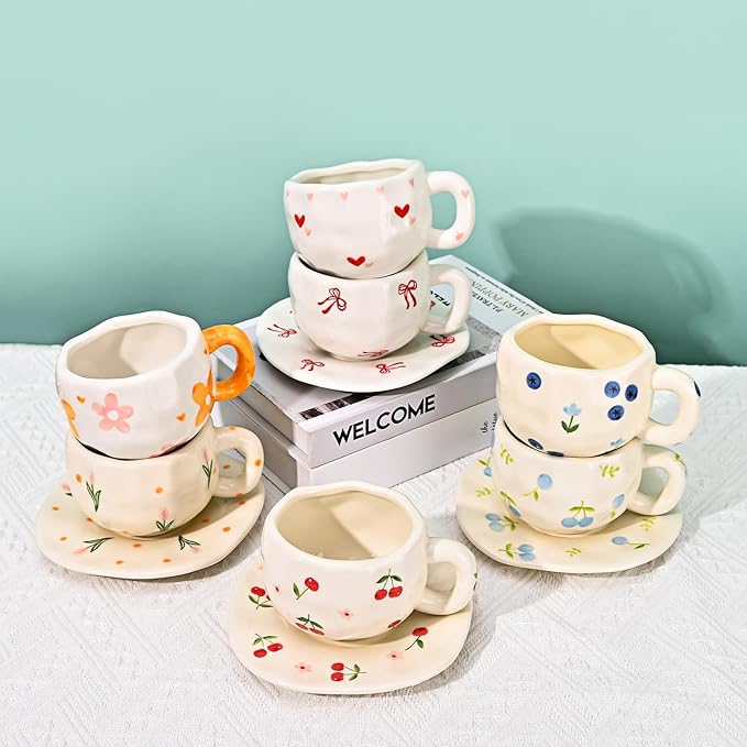 Koythin Ceramic Coffee Mug with Saucer Set, Cute Creative Fresh Fruit Cup Unique Irregular Design for Office and Home, 10 oz/300 ml for Latte Tea Milk