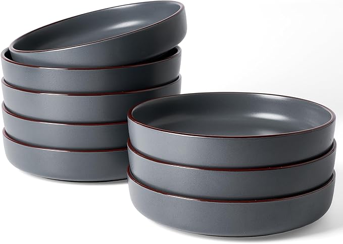 famiware Mercury Pasta Bowls Set of 8, 33 oz Large Salad Bowls, Ceramic Pasta Plates Bowls, Serving Bowls for Kitchen, Microwave & Dishwasher Safe, Charcoal