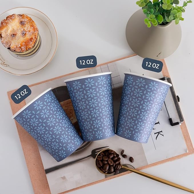 240 Pack 12 oz Disposable Paper Cups, Hot/Cold Beverage Paper Drinking Cups, Navy Floral Paper Coffee Cups 12 oz for Home-use, Office, Restaurant and Events