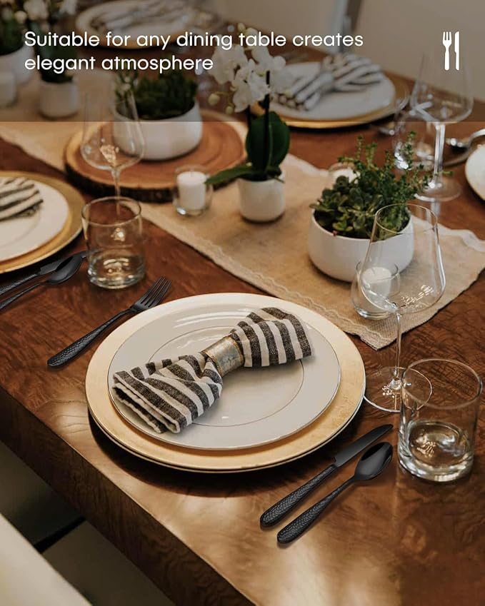 Hammered Silverware Set, Ollex 60-Piece Black Flatware Set for 12 Mirror Finish Stainless Steel Eating Utensils Sets Include Forks Spoons and Knives Tableware Kitchen Cutlery Sets, Dishwasher Safe