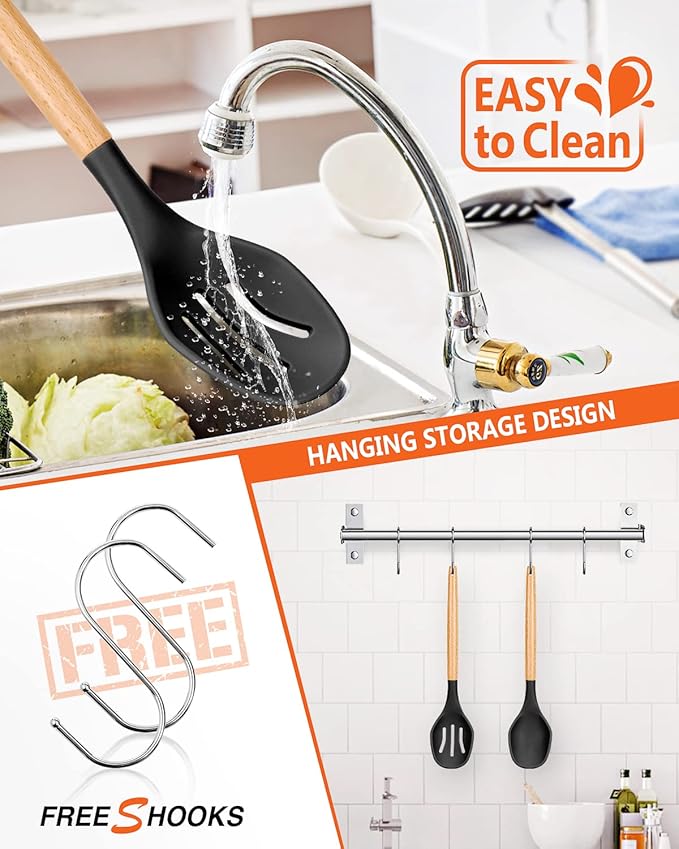 Large Silicone Cooking Spoons, 2 Pack Nonstick Solid and Slotted Wooden handle Spoon Set, Heat Resistan Silicone Kitchen Spoons for Cooking, Serving, Basting, Mixing (Black)