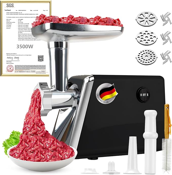 5.0 Upgrader Electric Meat Grinde 【NO.1 Germany 3500W Super Motor】【SGS Certified SUS304 Blade & Plate】3-Second Fast Meat Grinding, Perfect For Meat Grinders For Home Use-N (Black N1)