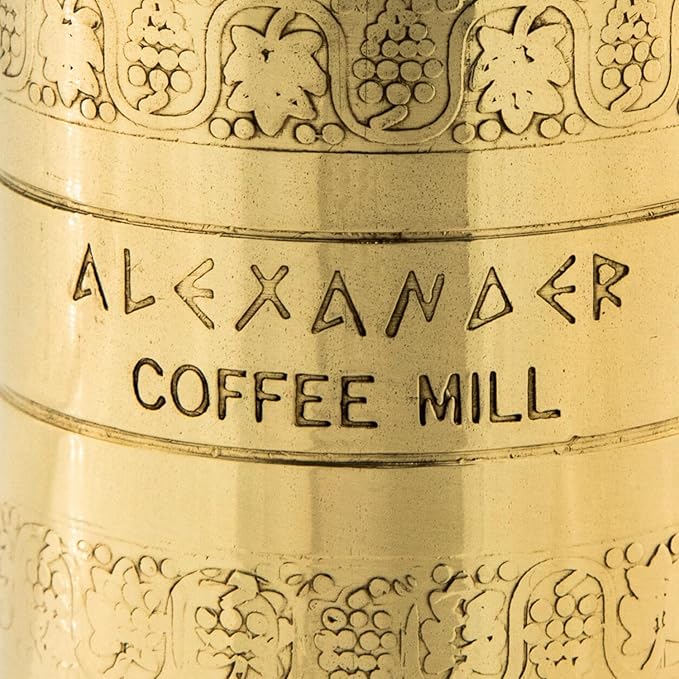 Original Greek Coffee Mill, 10.5-Inch Brass – European Manual Coffee Grinder, Refillable, with Polishing Cloth