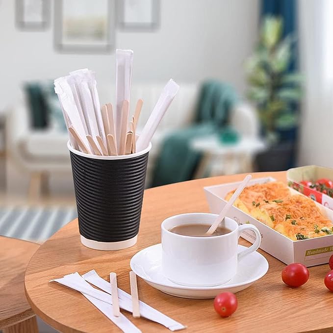 2200 Pcs Individually Wrapped Wooden Coffee Stirrers 5.5 Inch Disposable Cocktail Stir Sticks Wood Round End Stirrers for Hot Drinks Home Office Restaurant Bar