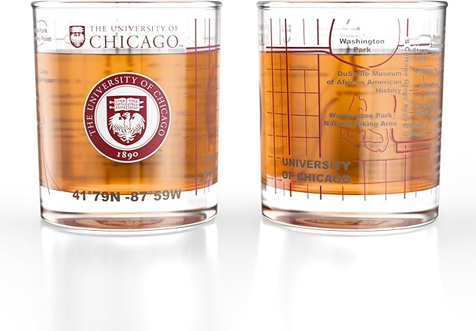 Greenline Goods – University of Chicago Maroons College Whiskey Glasses (Set of 2), 10 oz – Full-Color Logo + Campus Map