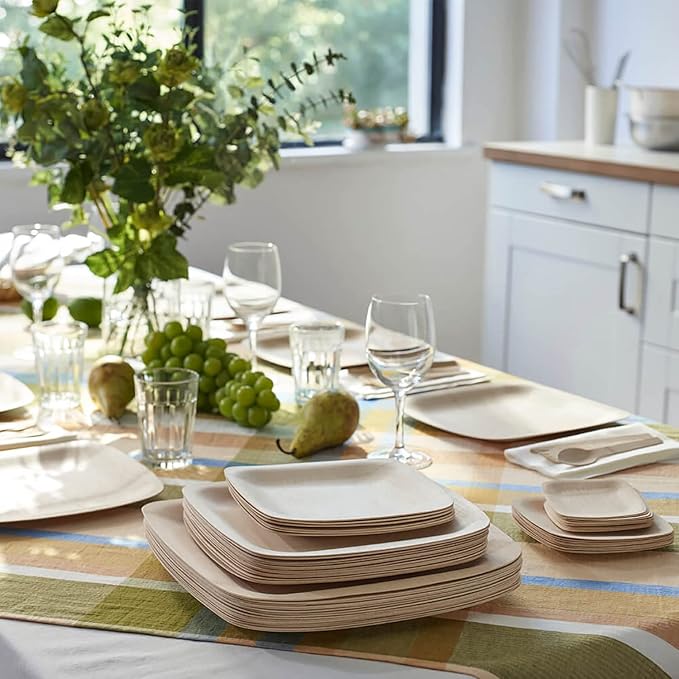 Bambu Pack of 8-9 Inch Disposable Bamboo Plates Square, Biodegradable Eco Friendly Products, Bamboo Disposable Plates for Events, Compostable Plates