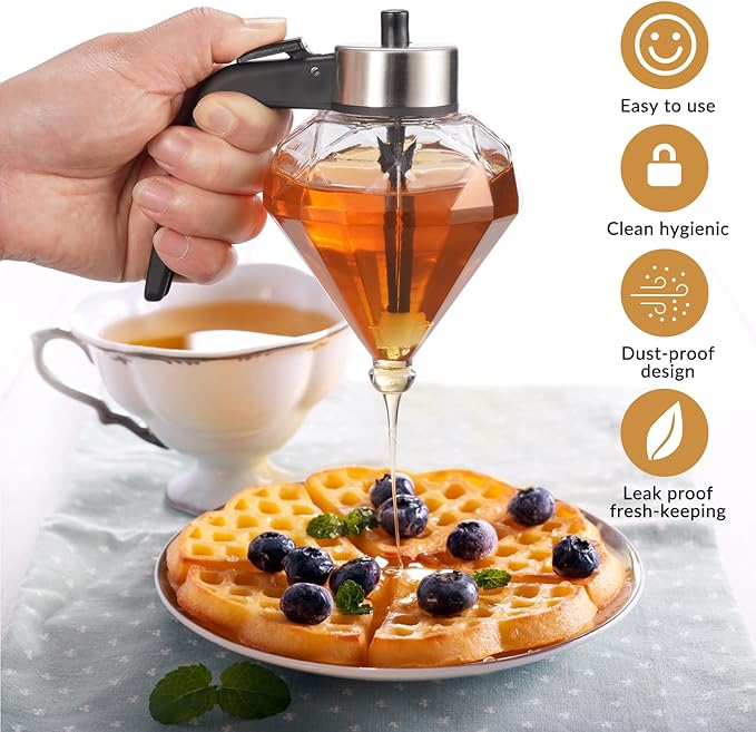 Glass Honey Dispenser, No Drip Honey Dispenser with Stand Diamond Shaped Honey Pot, Beautiful Syrup and Sugar Jar