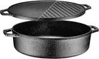 Bruntmor 3-in-1 Pre-Seasoned Cast Iron Skillets with Reversible Grill Griddle Lid - 6.8 Quart Round Deep Roasting Pan for Frying, Grilling, Dutch Oven Cooking - Non-Stick Cast Iron Cookware - Black