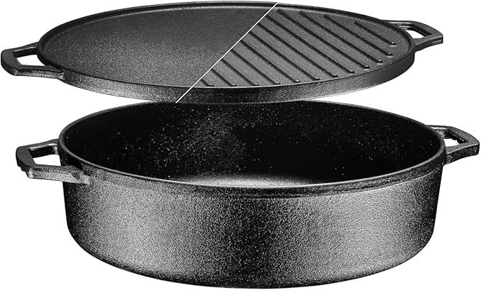 Bruntmor 3-in-1 Pre-Seasoned Cast Iron Skillets with Reversible Grill Griddle Lid - 6.8 Quart Round Deep Roasting Pan for Frying, Grilling, Dutch Oven Cooking - Non-Stick Cast Iron Cookware - Black