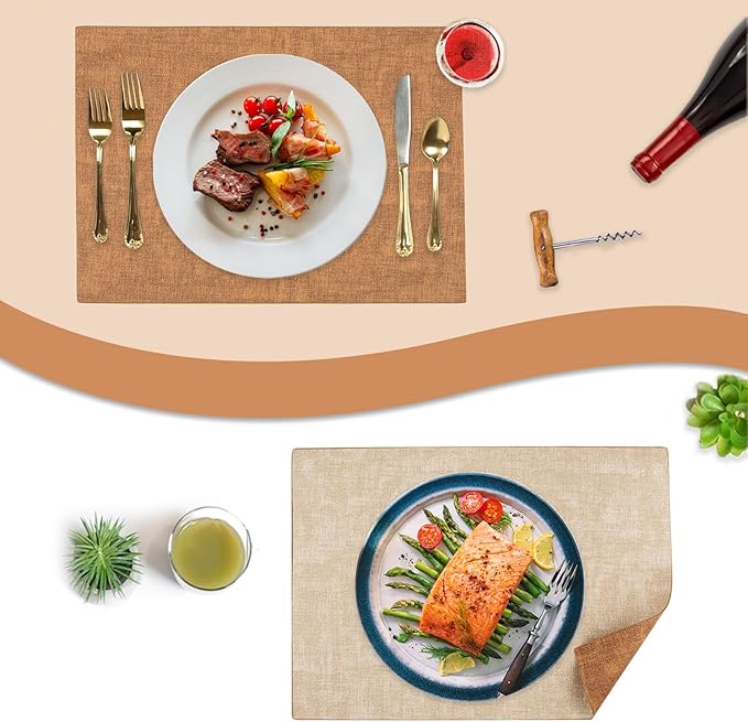 SUEH DESIGN Leather Placemats Set of 6 Reversible Table Mats Heat Resistant Waterproof No-Slip Place Mats for Dining Table Kitchen Parties, Camel and Beige