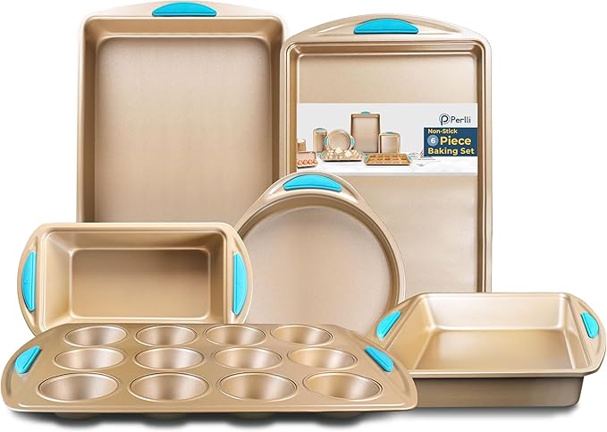 Perlli Baking Kit: Nonstick Gold Steel Oven Set - 6 Pieces, Round Cake Pan, Loaf Pan, Square Pan, Muffin Pan, Cookie Sheet, Roaster - Silicone Handles