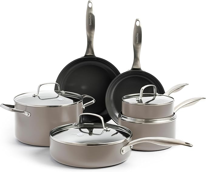 GreenPan Canterbury 10 Piece Cookware Pot and Pans Set, Hard Anodized PFAS-Free Healthy Ceramic Nonstick, Stainless Steel Handles, Versatile Cooking Essentials, Dishwasher & Oven Safe, Clay