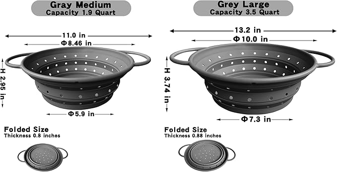Silicone Collapsible Colander with Handle, Kitchen Colander for Easy Storage,Four-side Fast Draining Silicone Draining Basket, Perfect for Fruits Vegetables (Gray L+M)