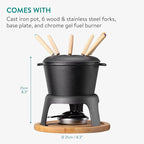 Navaris Cheese Fondue Set for 6 People - 2qt Cast Iron Fondue Sets with 6 Colour Coded Forks for Cheese, Chocolate or Meat - with Removable Splash Guard