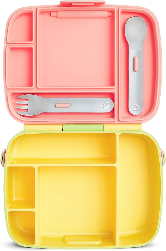 Munchkin Lunch Bento Box for Kids and Toddlers, Includes Stainless Steel Utensils, BPA-Free, 18 Months and Up, Pink/Green/Yellow