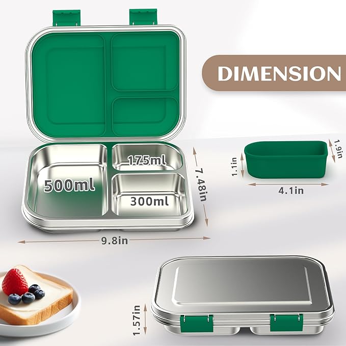 Stainless Steel Bento Box Kids, 3 Compartments Leak Proof Metal Bento Lunch Box, 304 Stainless Steel Bento Lunch Containers for School and Office,Dishwasher Safe, BPA-Free-Green