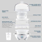 Elite Gourmet EGC1405W 2-Tiered Rapid Egg Cooker, 5-Egg Poacher, Omelets, Soft, Medium, Hard-Boiled Eggs with Auto Shut-Off and Buzzer, BPA Free, 14 eggs, White