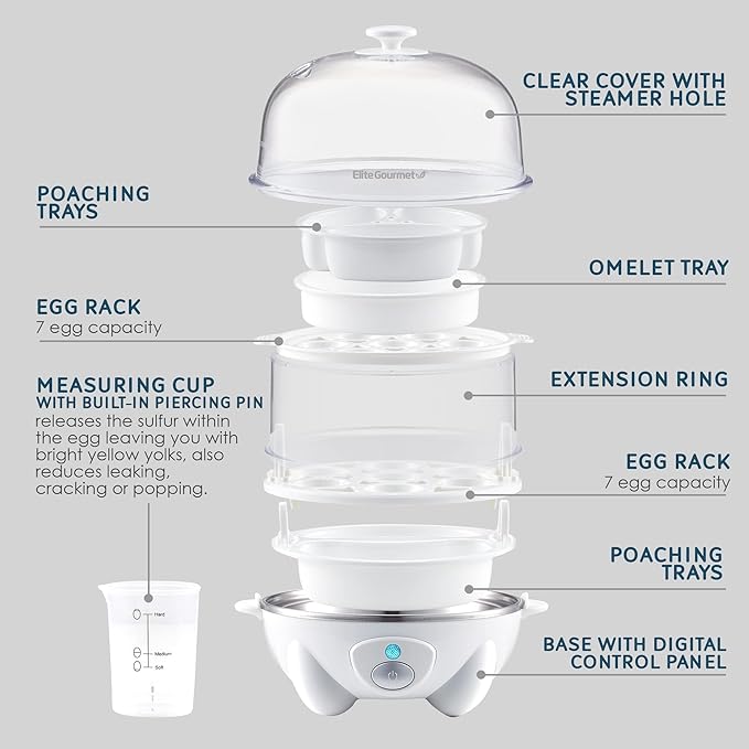 Elite Gourmet EGC1405W 2-Tiered Rapid Egg Cooker, 5-Egg Poacher, Omelets, Soft, Medium, Hard-Boiled Eggs with Auto Shut-Off and Buzzer, BPA Free, 14 eggs, White